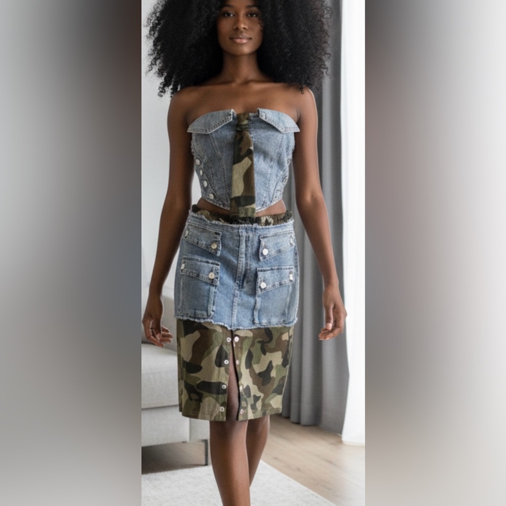 Denim & Camo Two-Piece Skirt Set - Blue/Camo